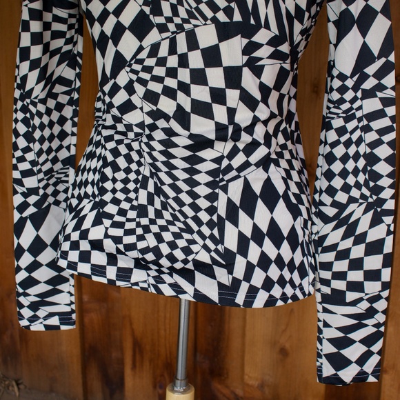 Vintage BEBE DISCO Black & White Checkered Long Sleeve Button Down Blouse - Picture 13 of 17